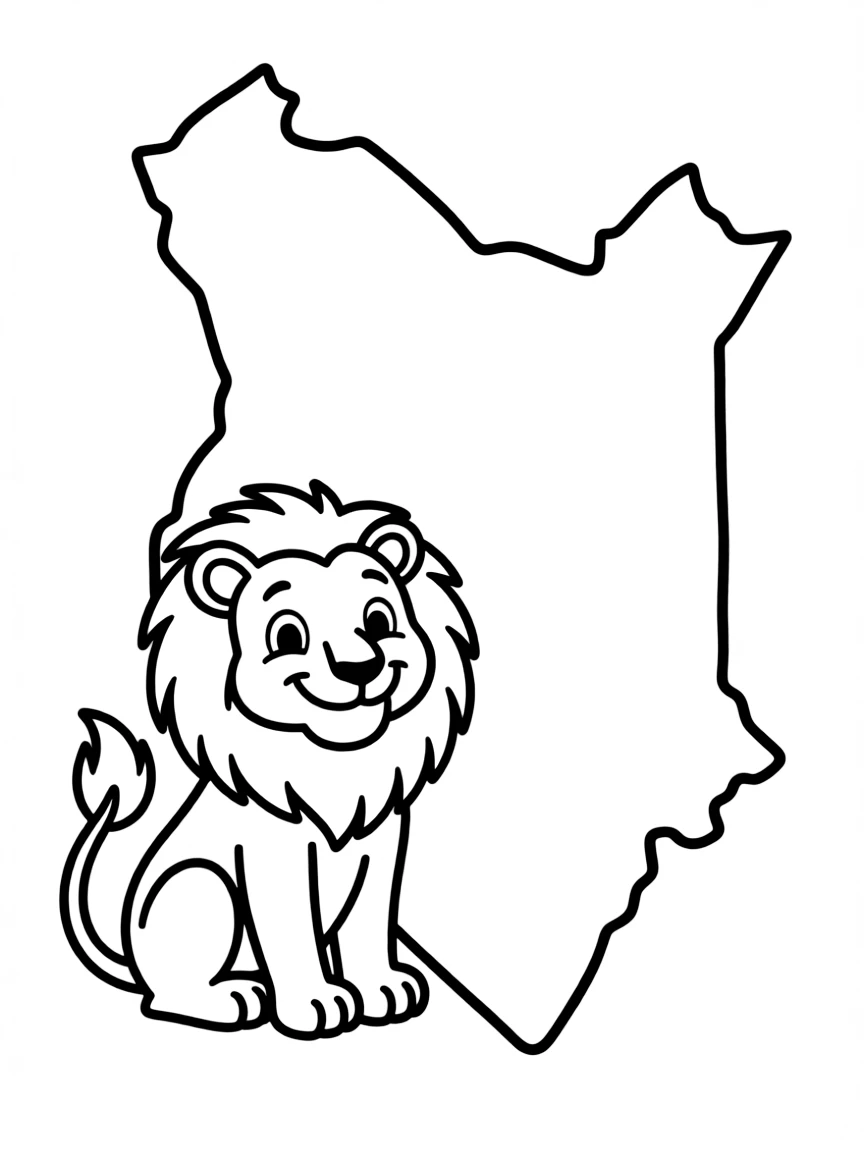 A friendly lion and a map outline of Kenya.