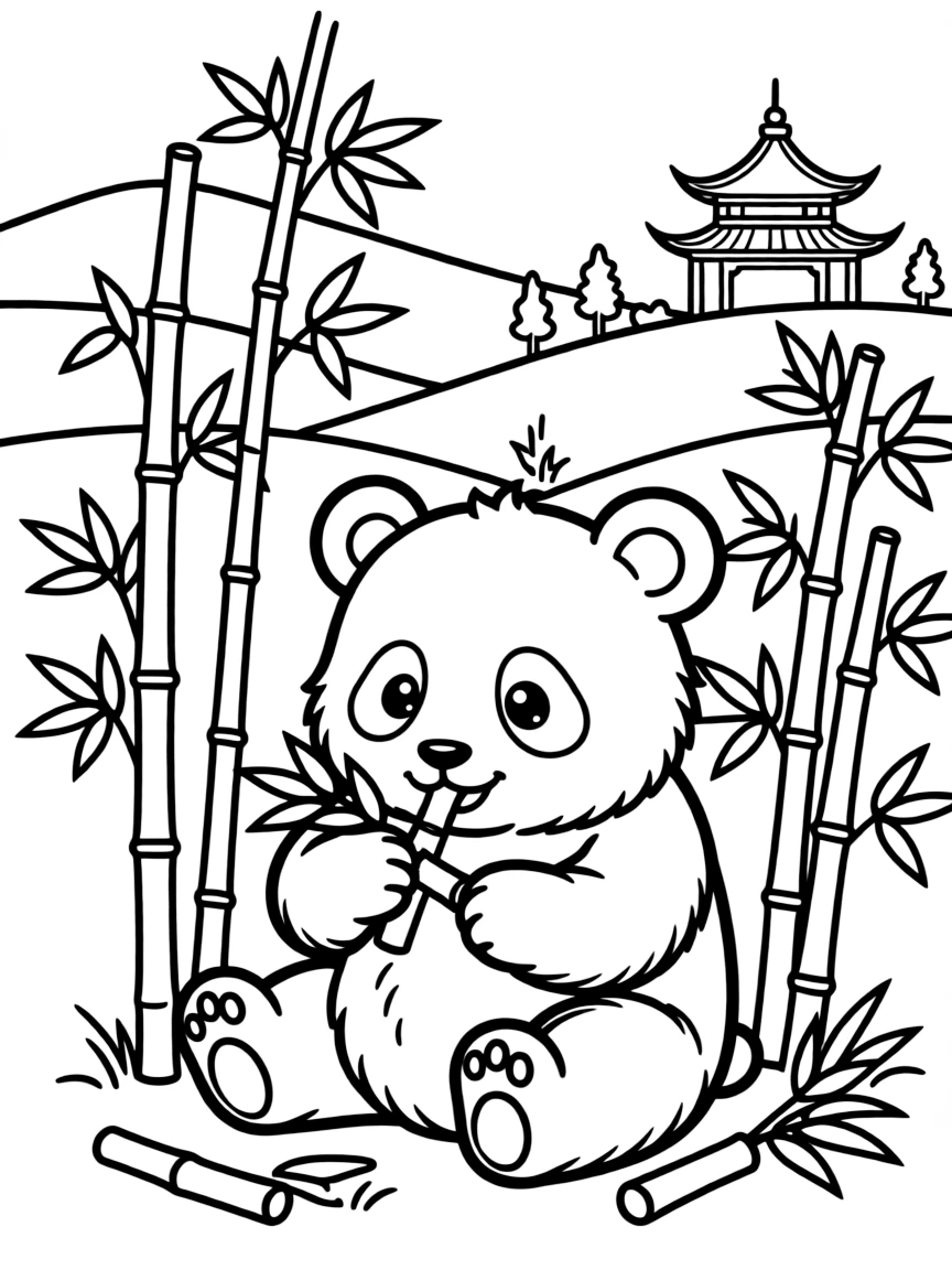 A cute panda bear eating bamboo in a landscape of China.