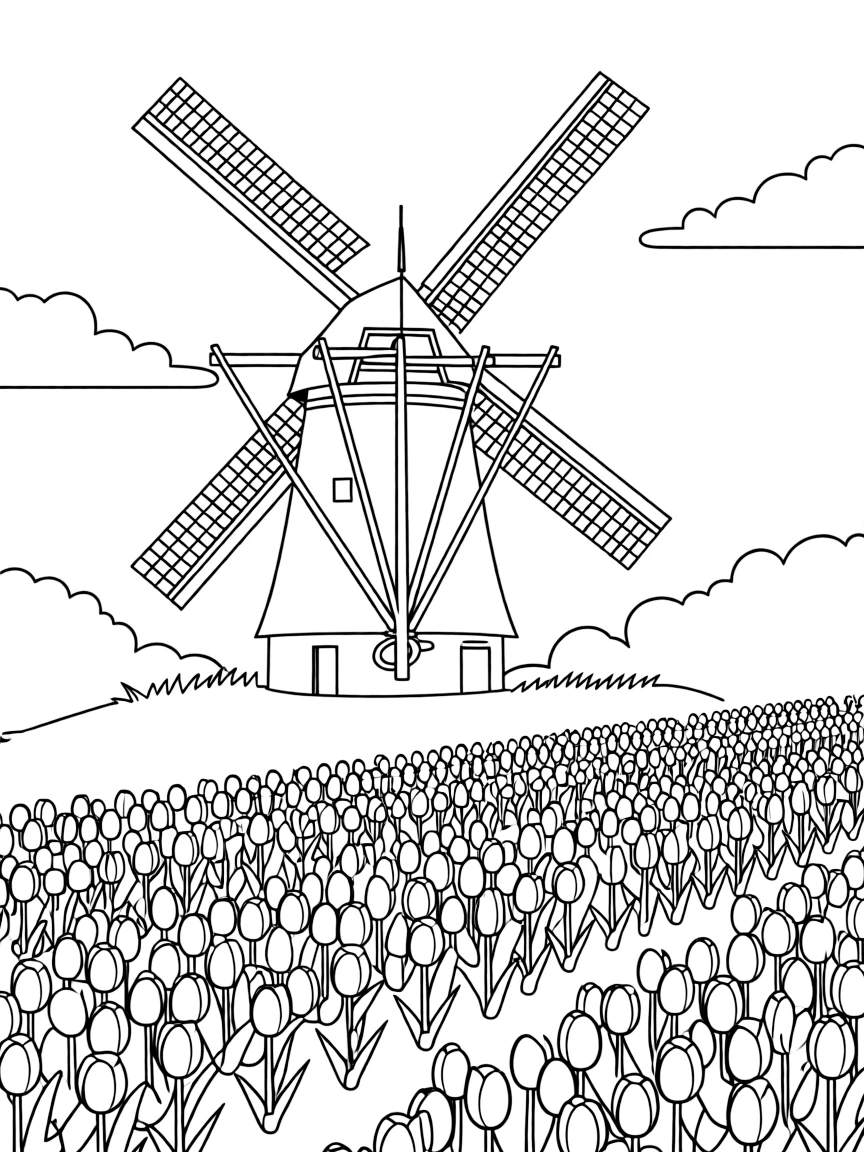 A traditional Dutch windmill and a tulip field for Netherlands.