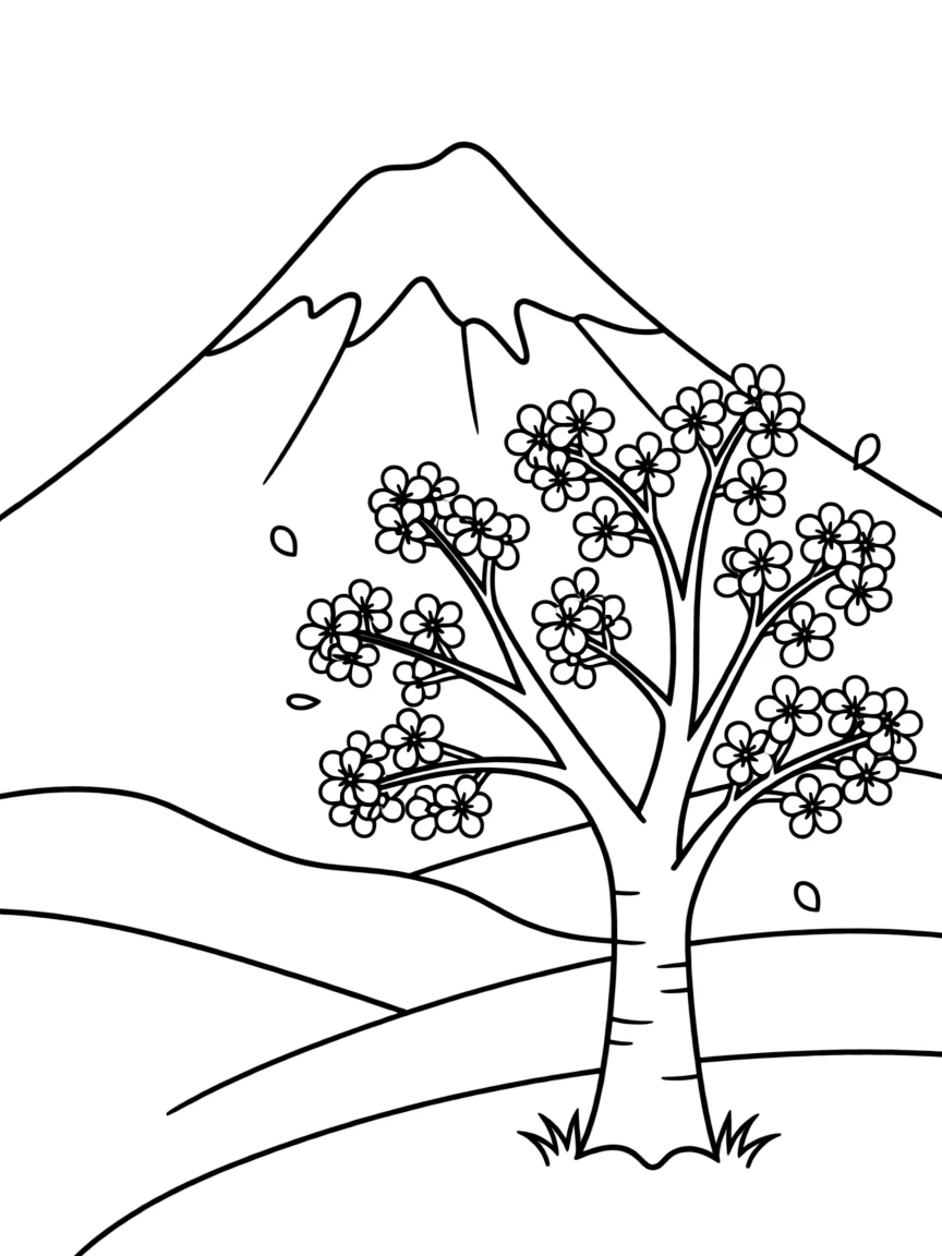 A snowy mountain peak (Mount Fuji) and a cherry blossom tree for Japan.