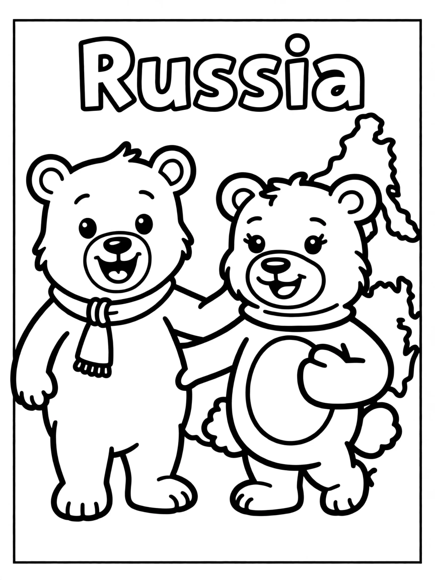 A cheerful bear and the map outline of Russia.