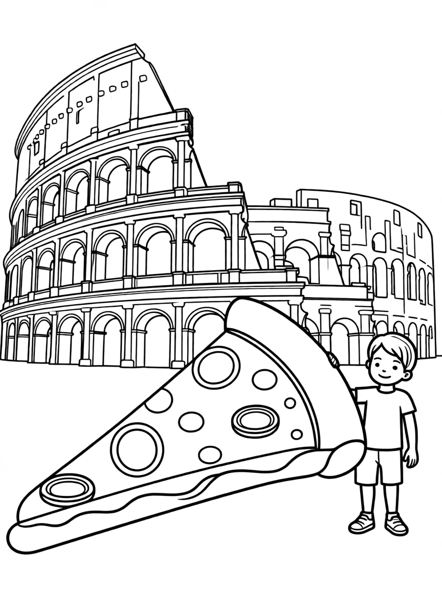 A pizza slice and the Colosseum for Italy.