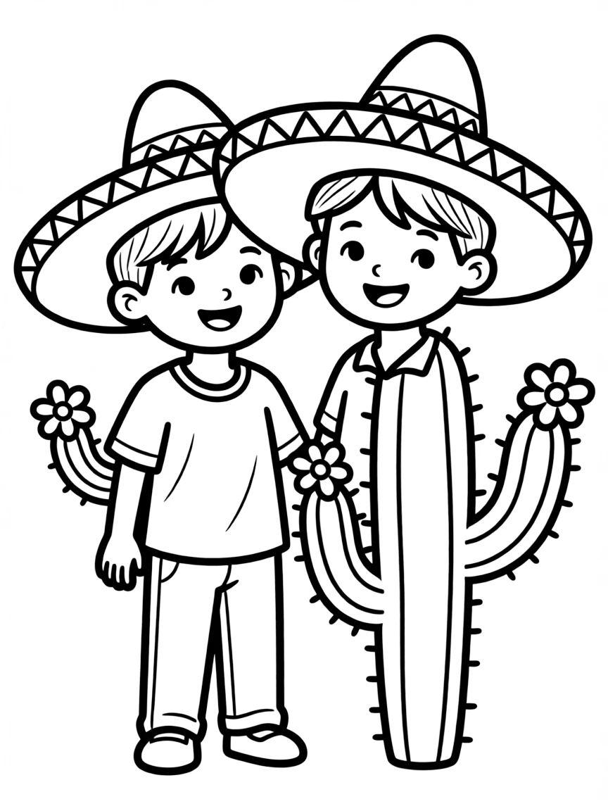 A happy child wearing a sombrero and a cactus for Mexico.