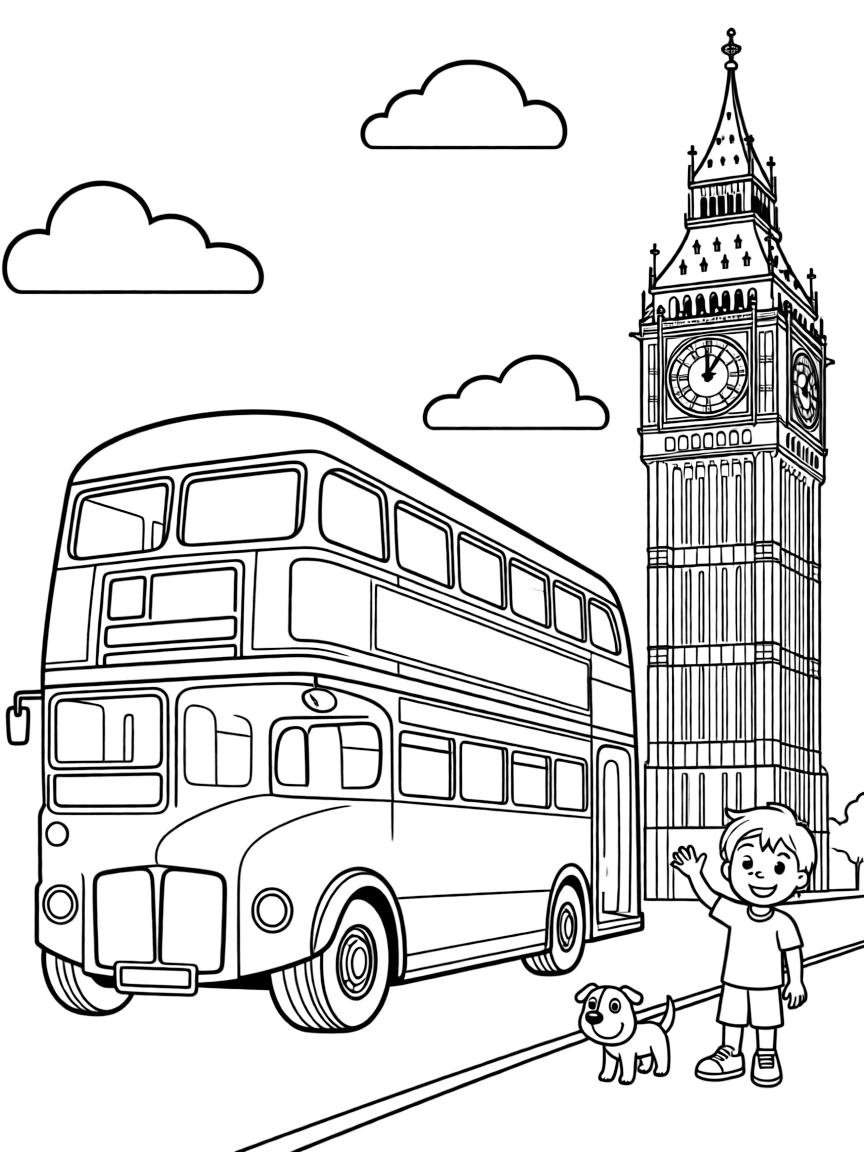A big red bus and Big Ben for United Kingdom.