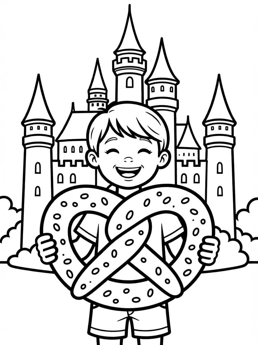 A cheerful child with a pretzel and a castle for Germany.