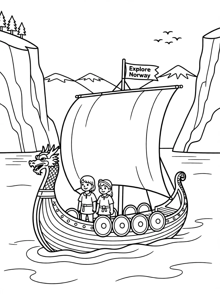 A Viking ship and a fjord for Norway.