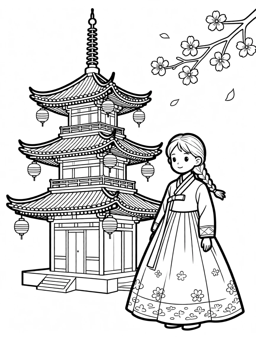 A traditional Korean hanbok and a pagoda for South Korea.