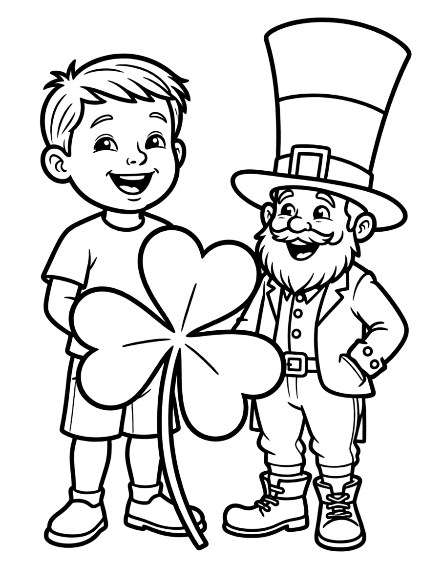 A happy child with a shamrock and a leprechaun for Ireland.