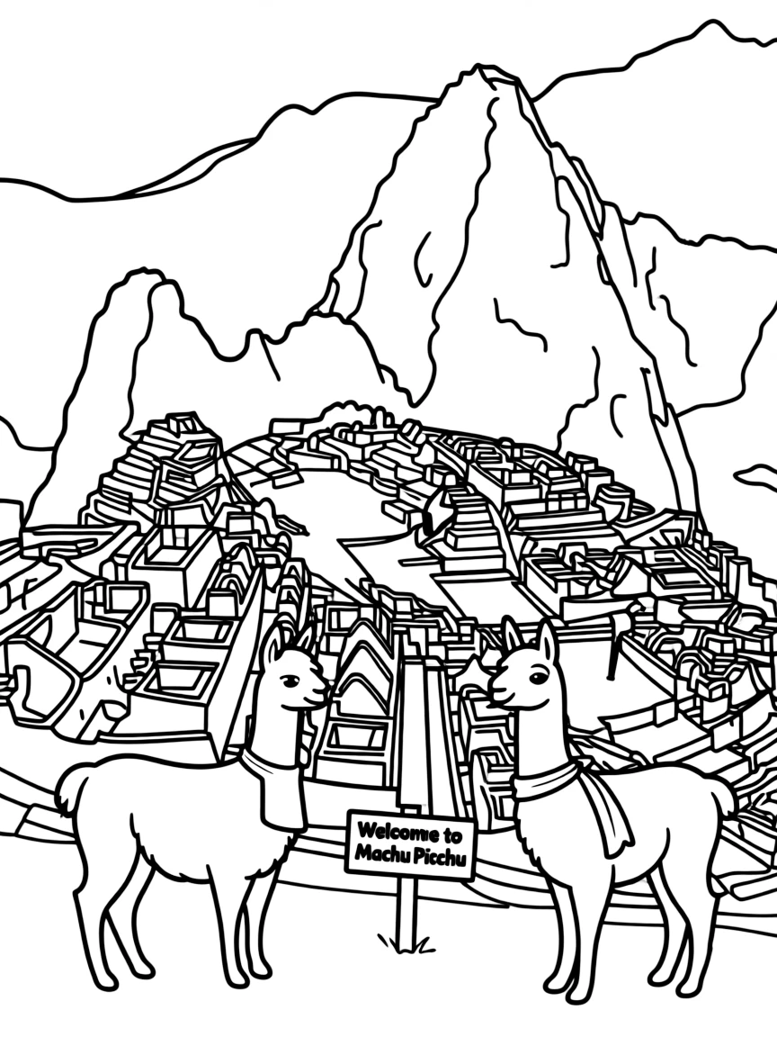 A giant ancient ruin (Machu Picchu) and a llama for Peru.