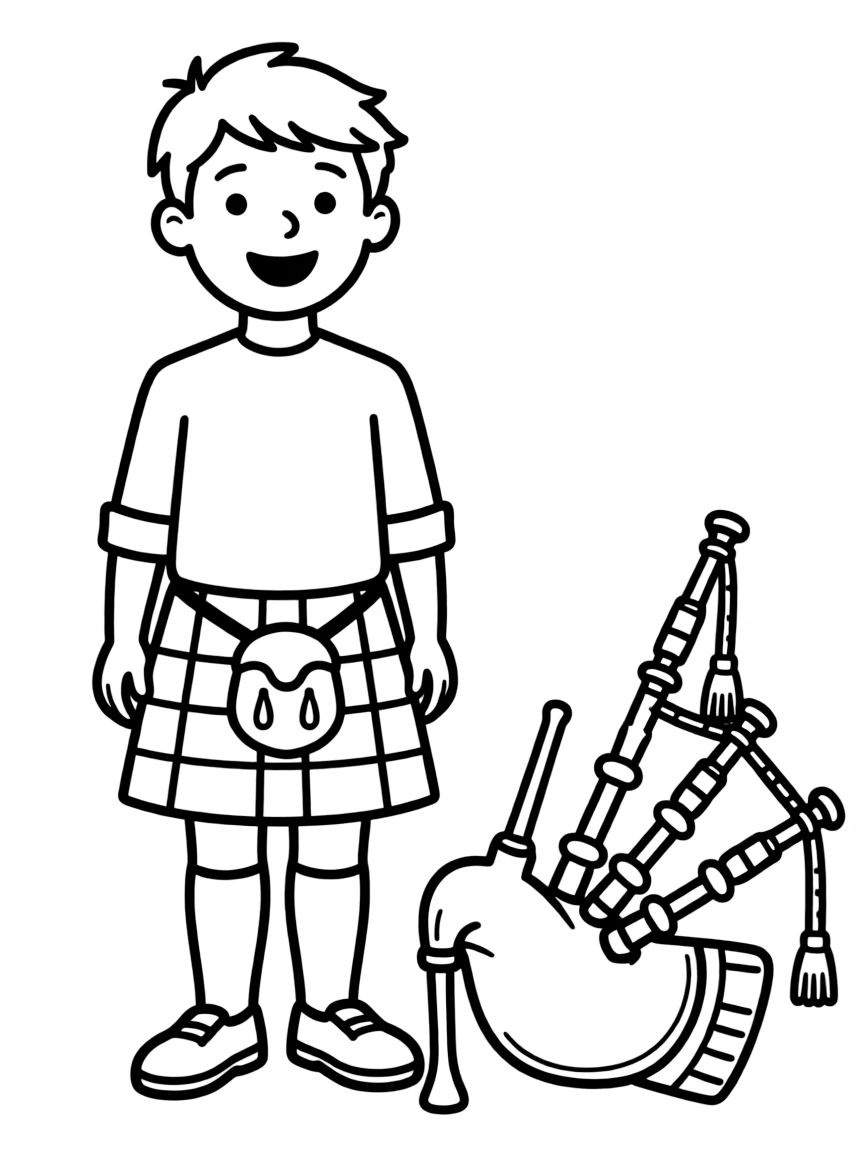 A kilt-wearing child and a bagpipe for Scotland.