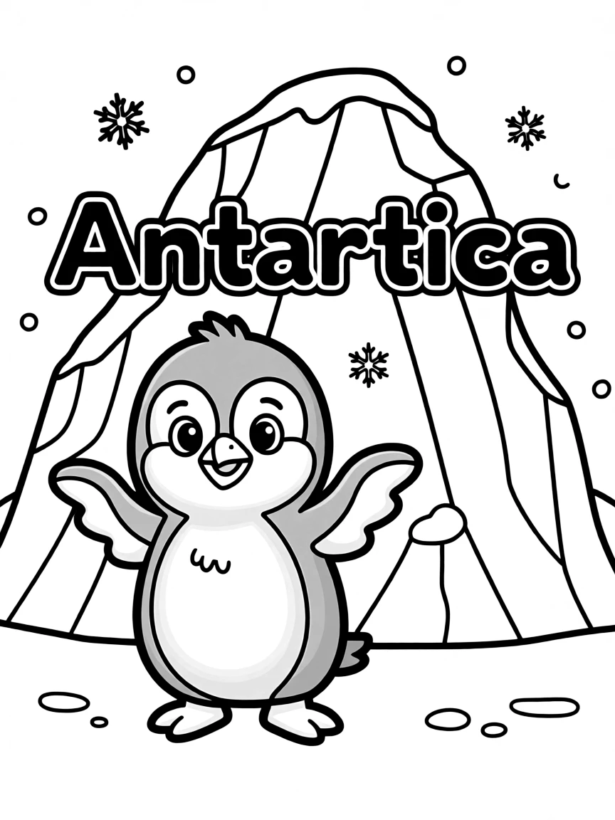 A cute penguin and an iceberg with the name Antarctica (as a continent, but often included for broad world knowledge).