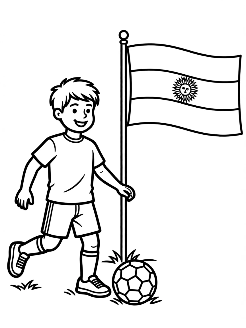 A smiling child playing soccer and the flag of Argentina.