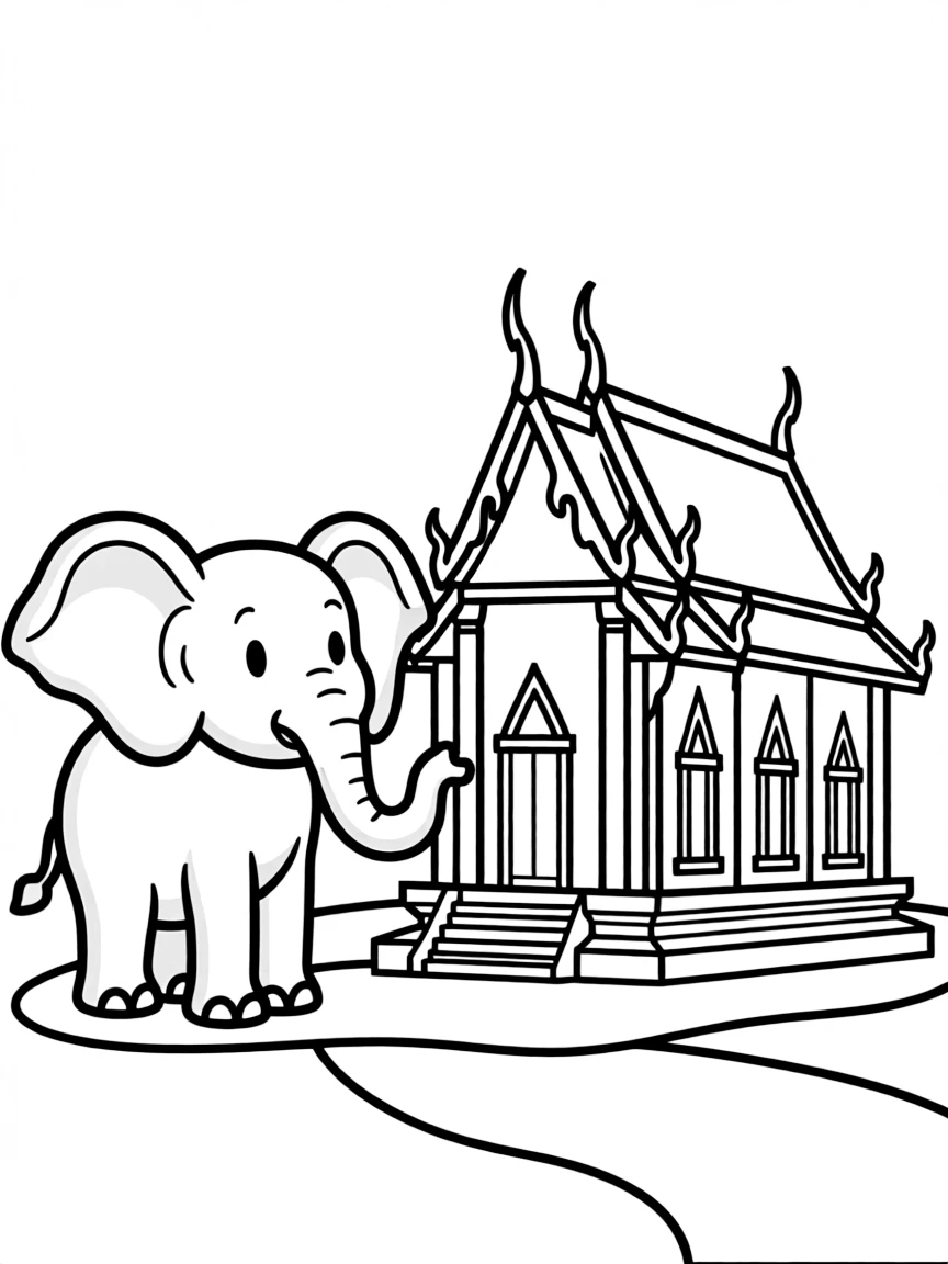 A friendly elephant and a temple outline for Thailand.