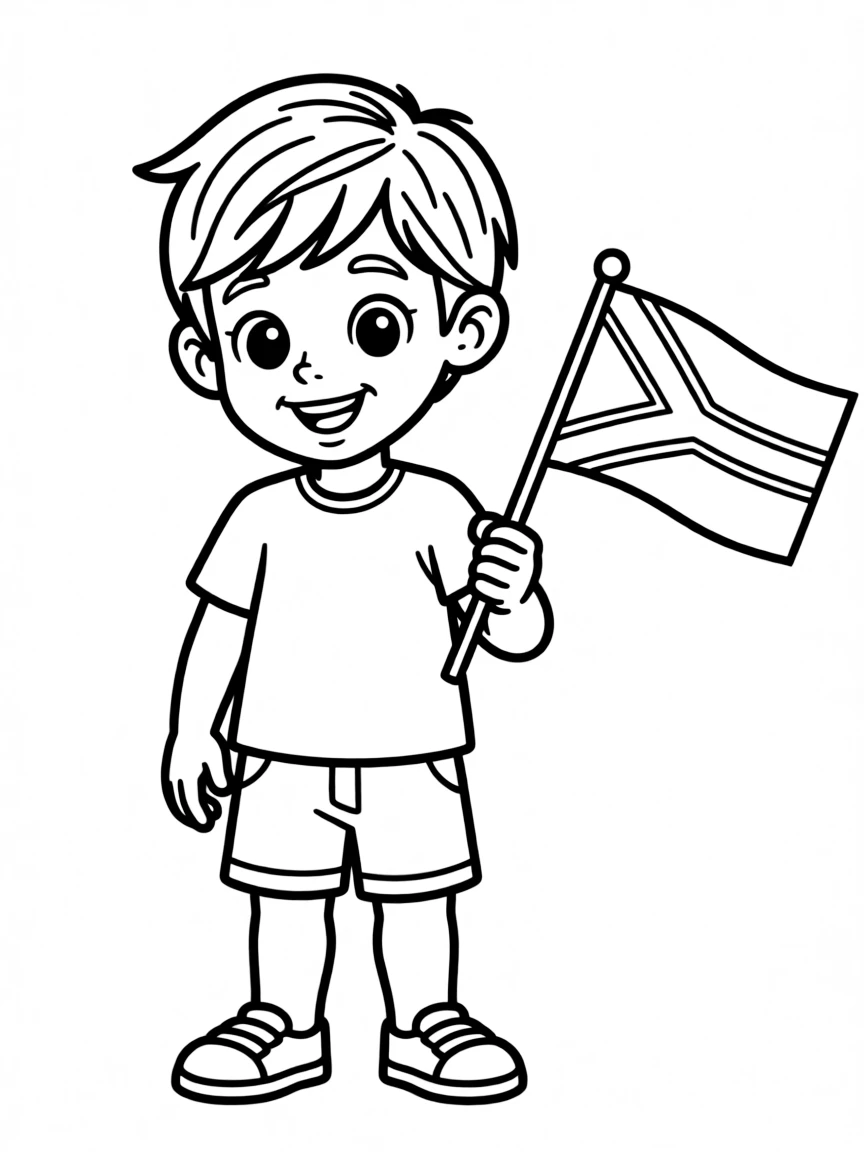 A child holding a small, colorful flag of South Africa.