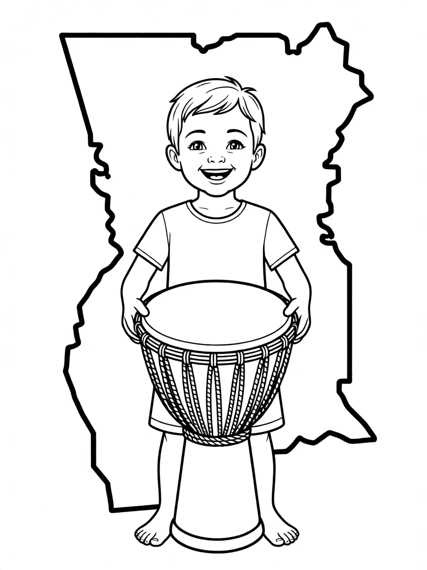 A cheerful child with a djembe drum and the map of Ghana.