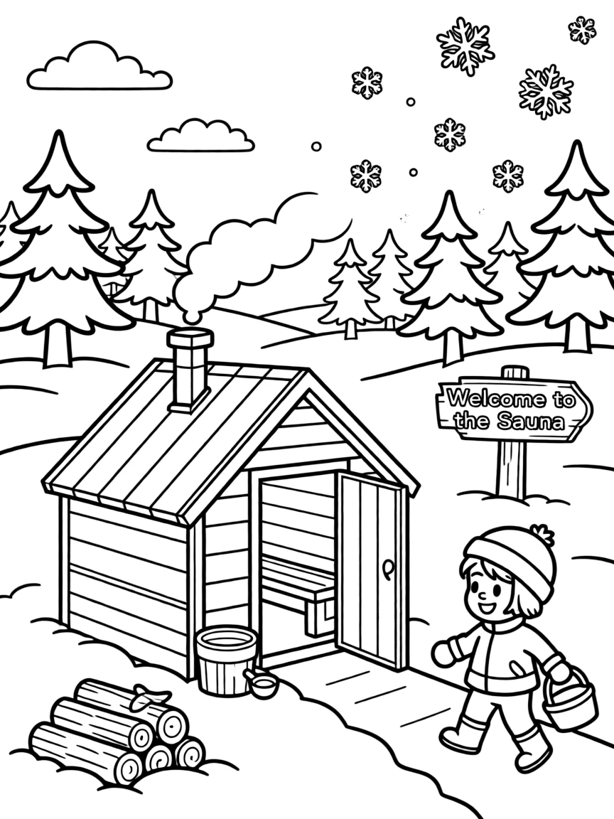 A traditional Finnish sauna and a snowy forest for Finland.