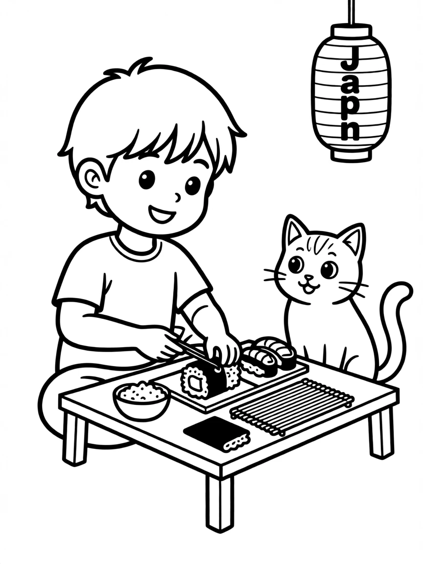 A happy child making "sushi" and a smiling cat for Japan.