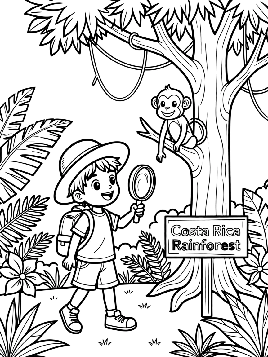 A happy child exploring a rainforest with a monkey for Costa Rica.