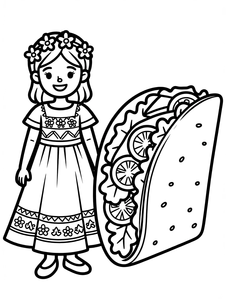 A child in a traditional Mexican dress and a taco for Mexico.