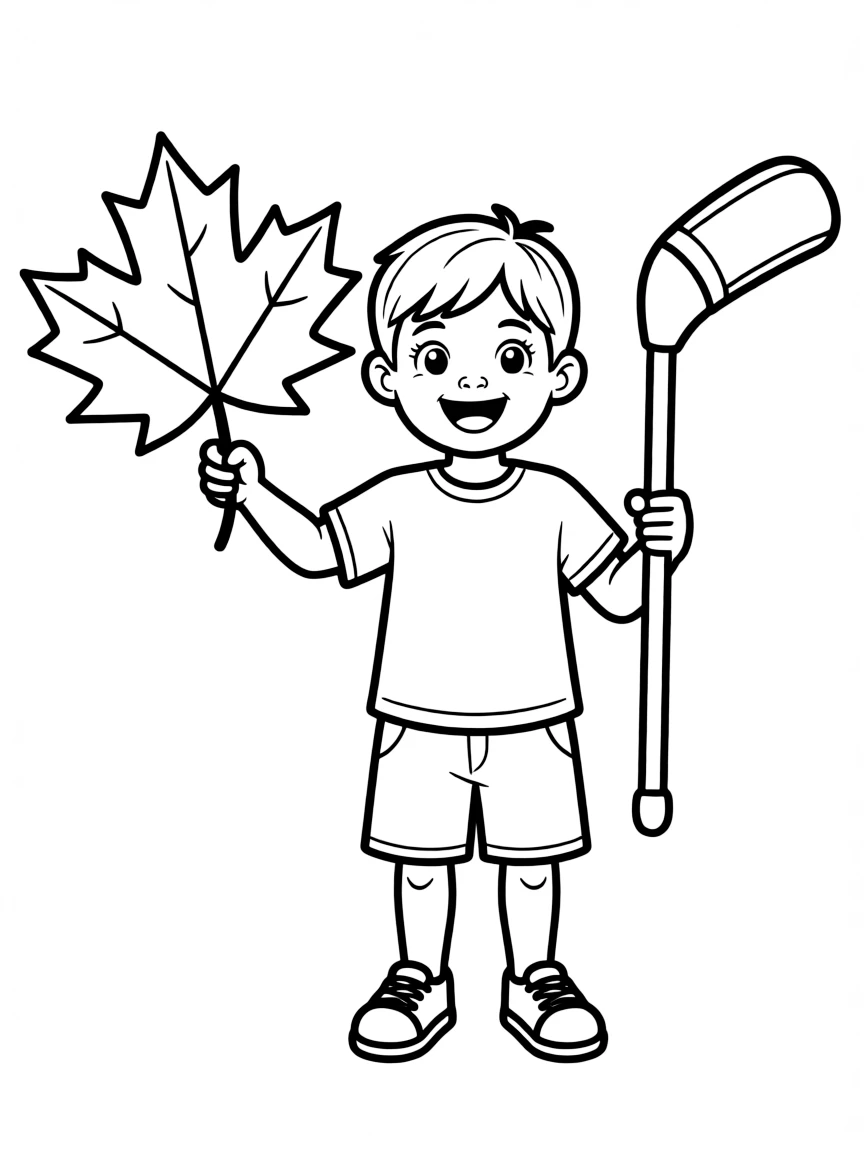 A smiling child with a maple leaf and a hockey stick for Canada.