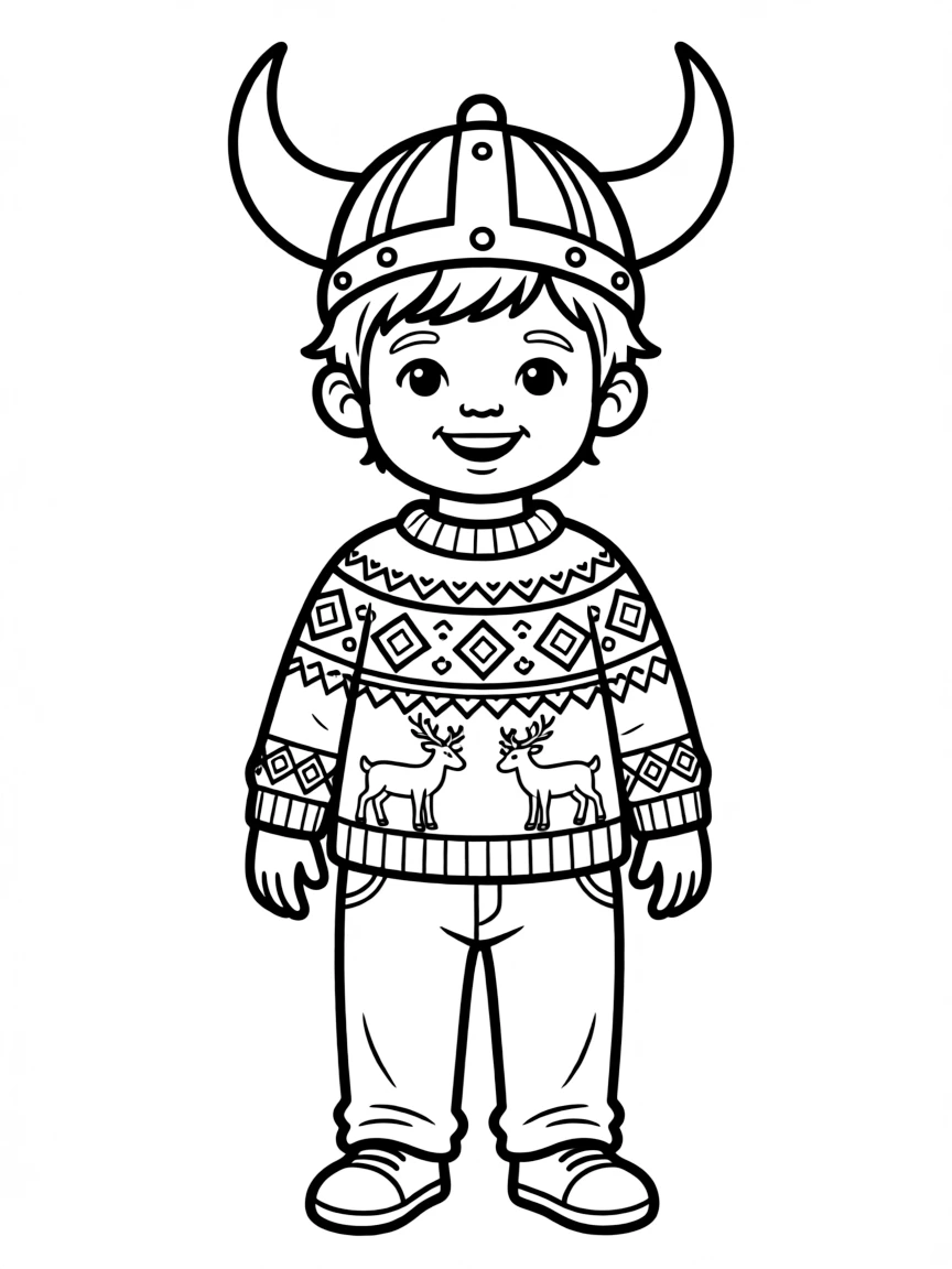 A child in a traditional Norwegian sweater and a Viking hat for Norway.