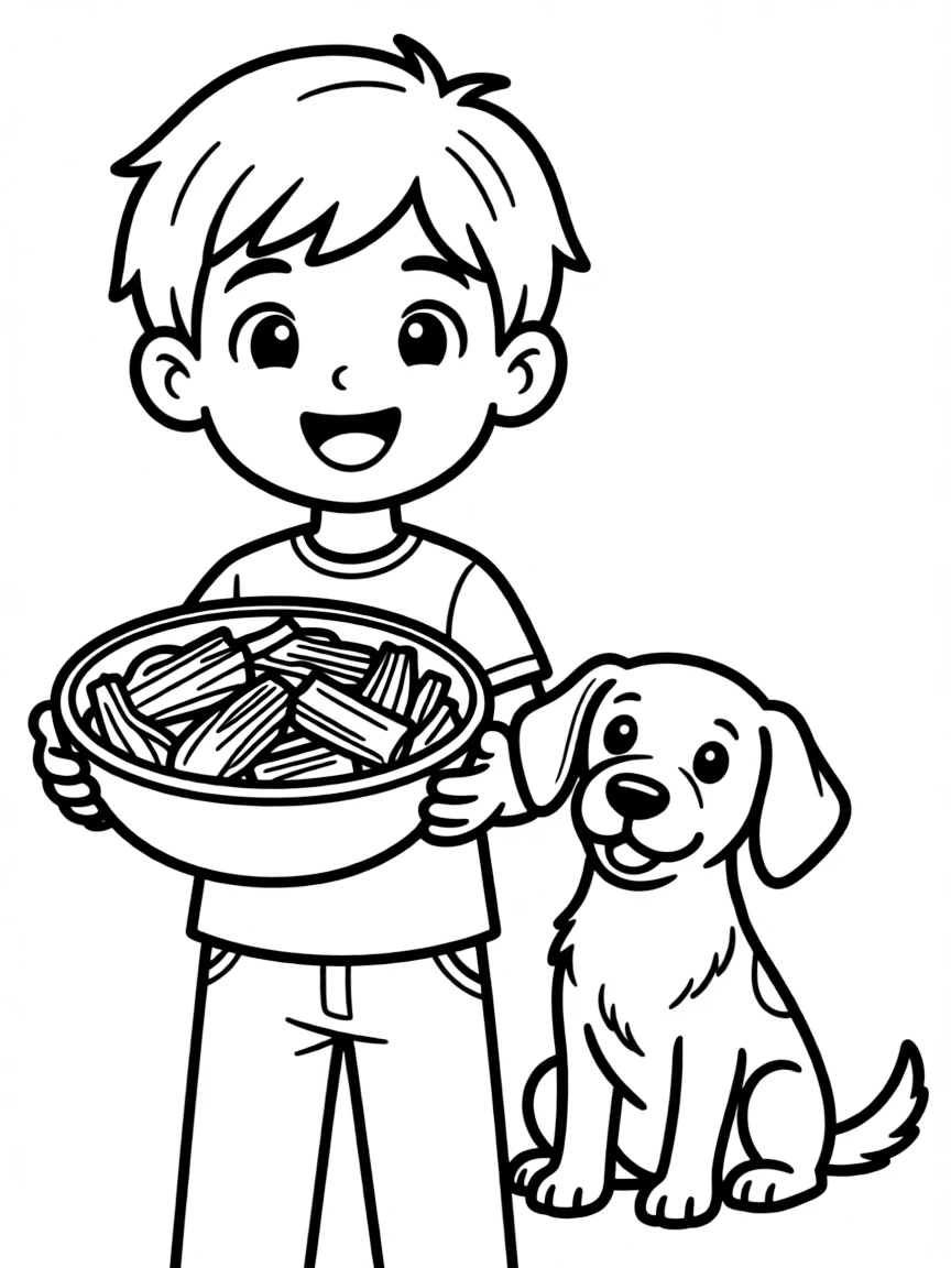 A happy child with a kimchi bowl and a cute dog for South Korea.