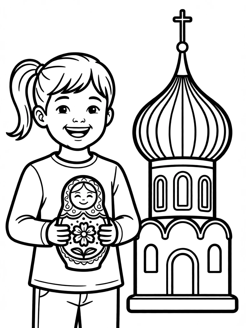 A cheerful child with a matryoshka doll and a onion dome building for Russia.
