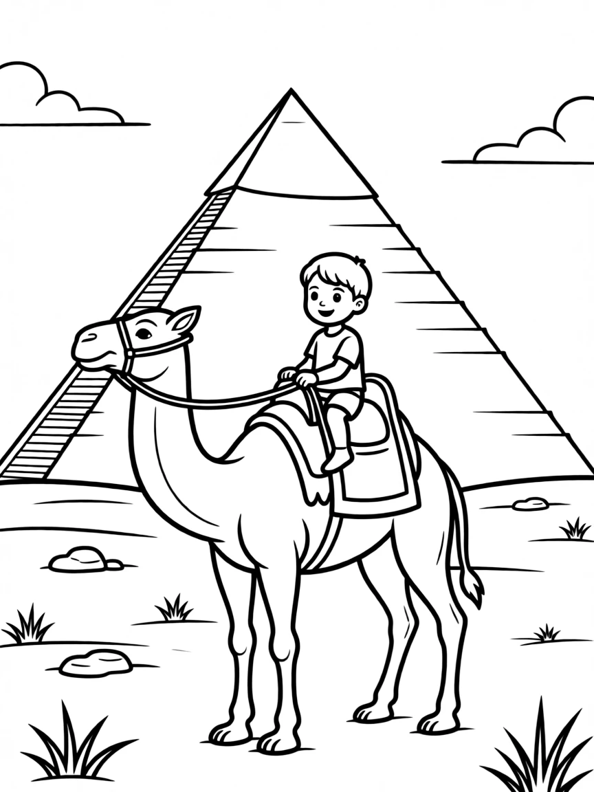 A child riding a camel near a pyramid for Egypt.
