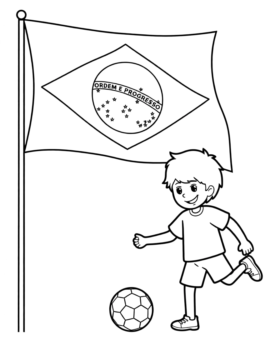 A happy child kicking a soccer ball and the flag of Brazil.