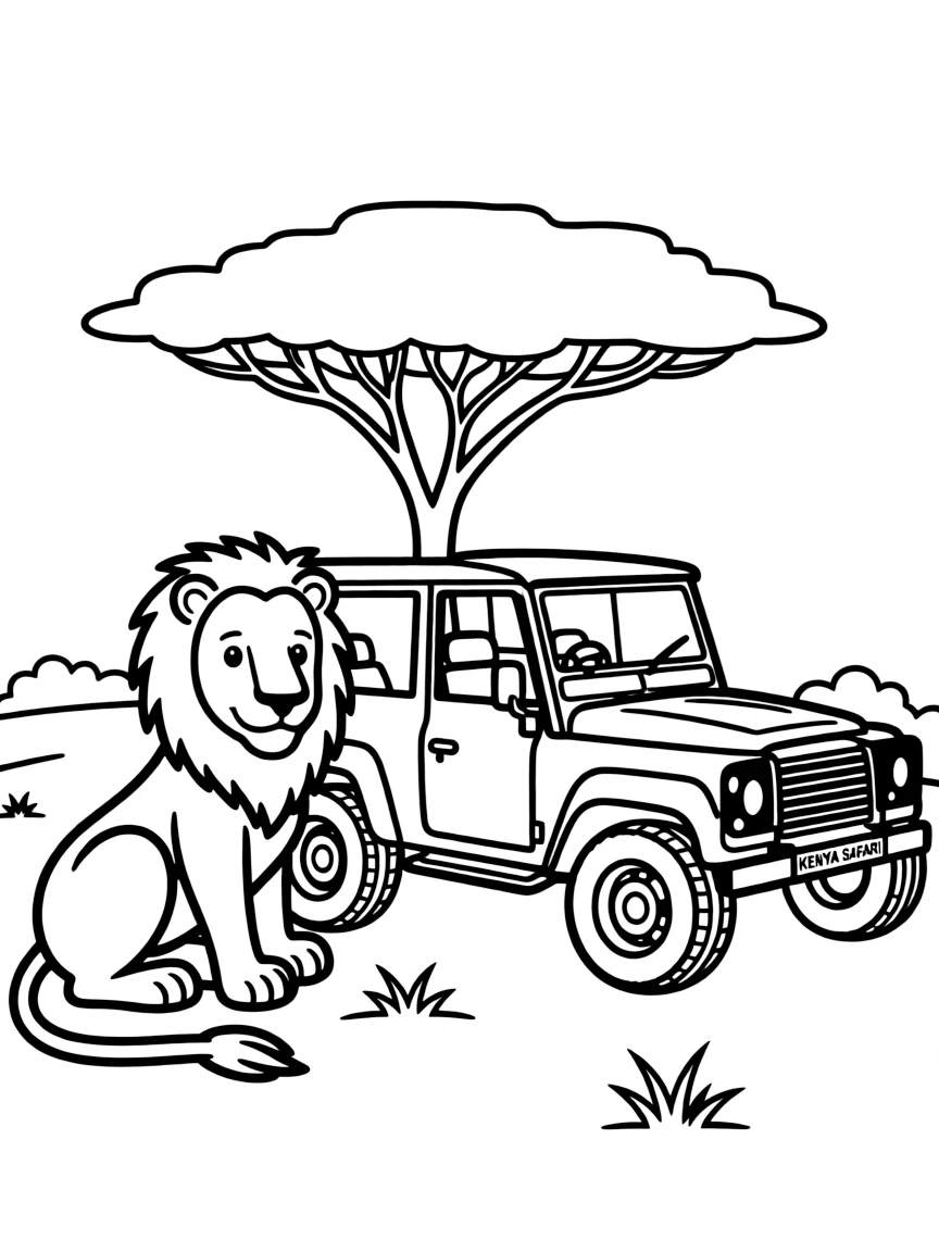 A friendly lion and a safari jeep for Kenya.
