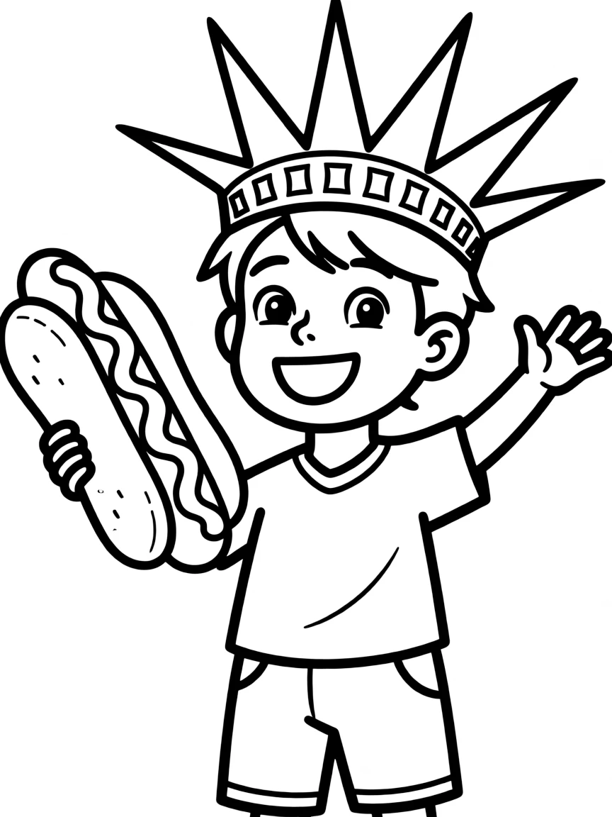 A happy child with a Statue of Liberty crown and a hot dog for USA.