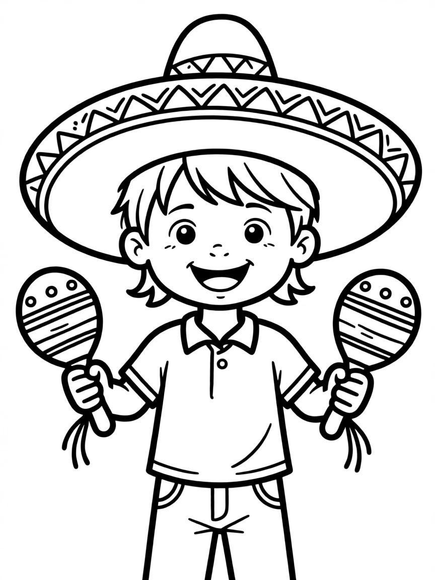 A smiling child with a mariachi hat and maracas for Mexico.