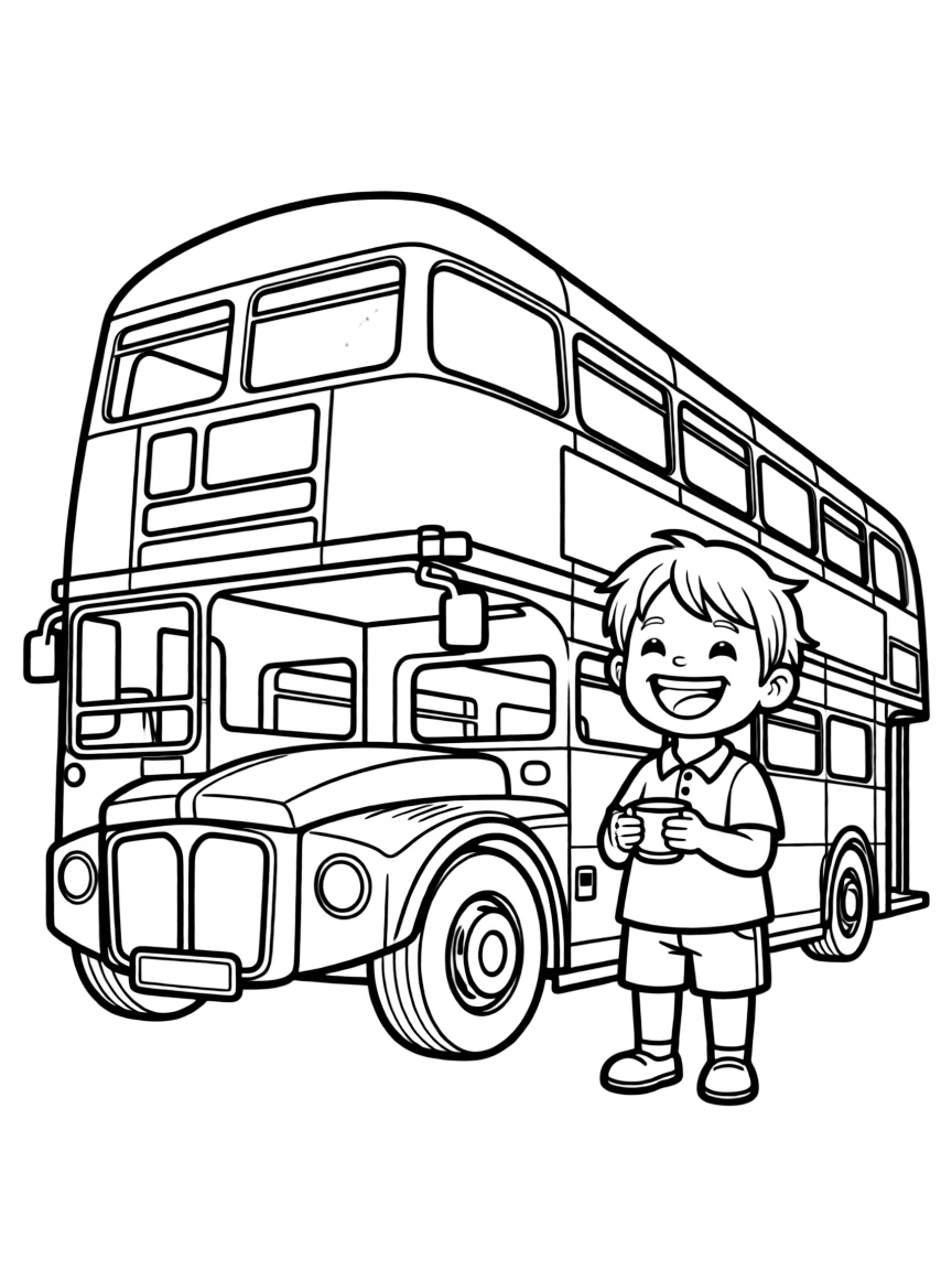 A cheerful child drinking tea and a double-decker bus for United Kingdom.