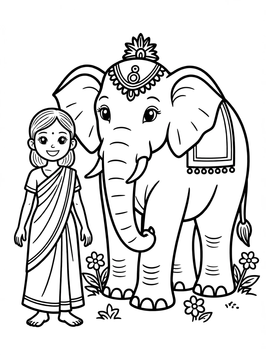 A happy child with a sari and an elephant for India.