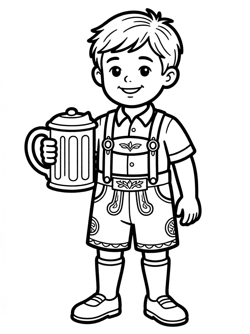 A smiling child holding a beer stein and a lederhosen outfit for Germany.