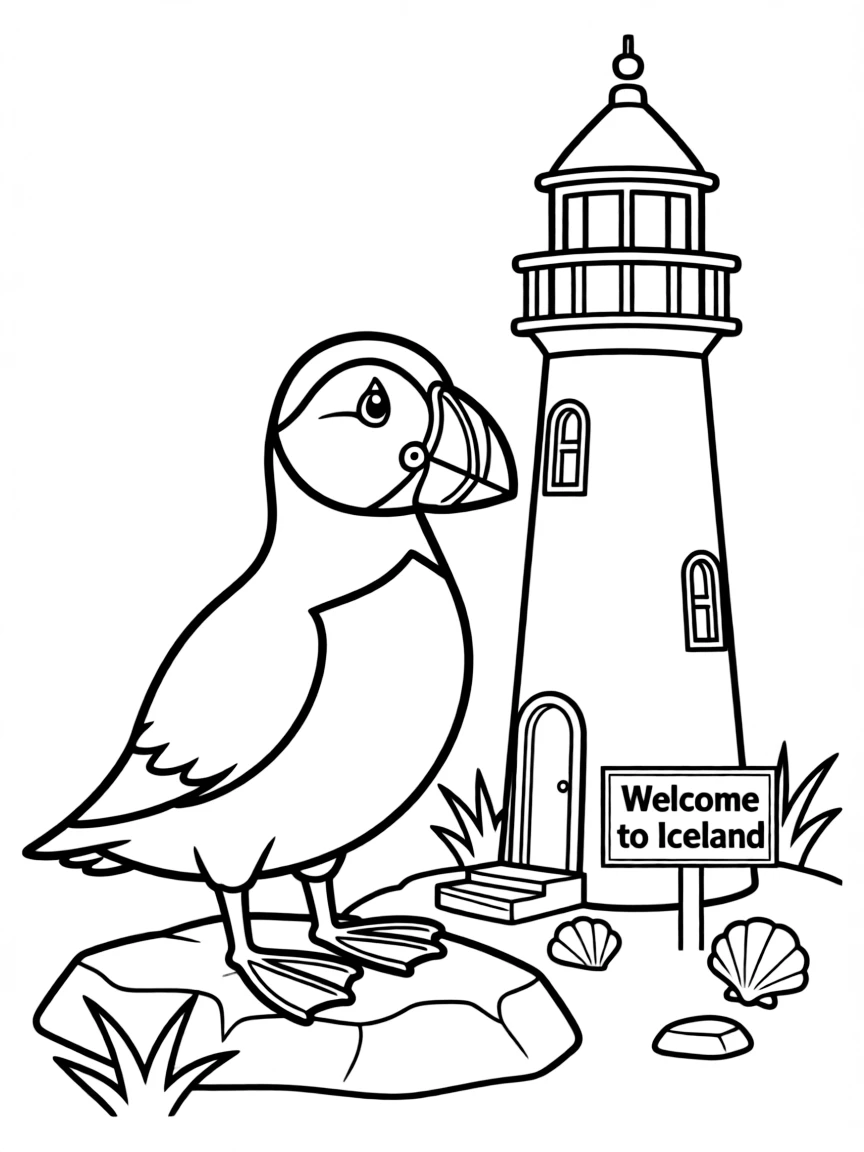 A friendly puffin bird and a lighthouse for Iceland.