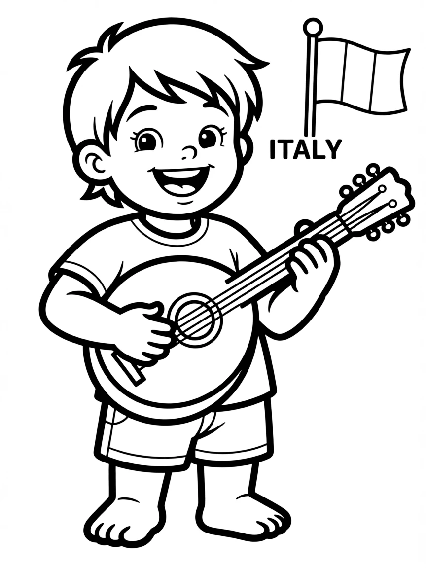 A happy child playing a mandolin for Italy.