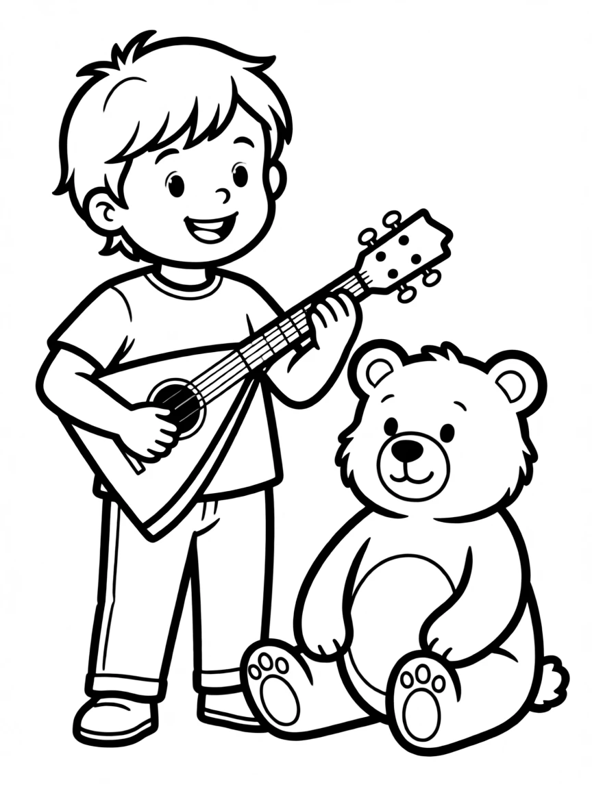 A cheerful child with a balalaika and a bear for Russia.
