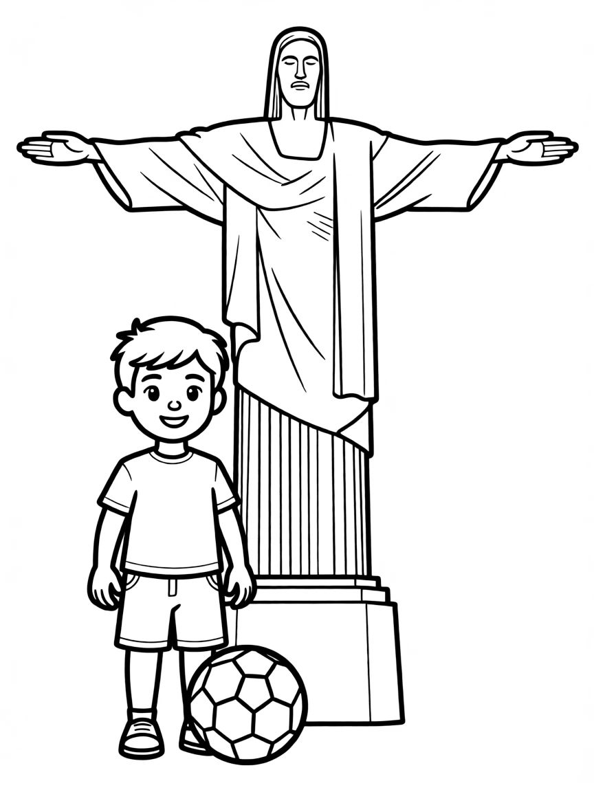 A smiling child with a soccer ball and a Christ the Redeemer statue for Brazil.