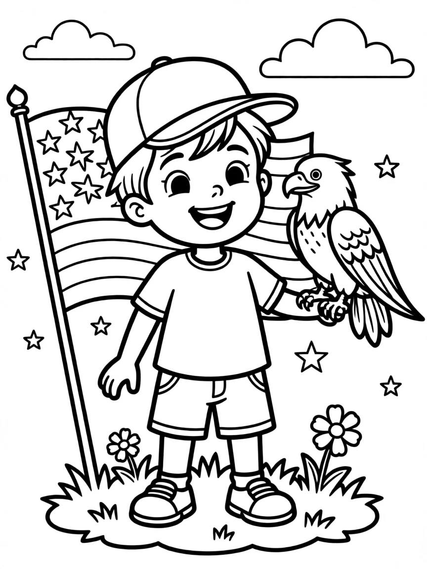 A cheerful child with a baseball cap and an eagle for USA.