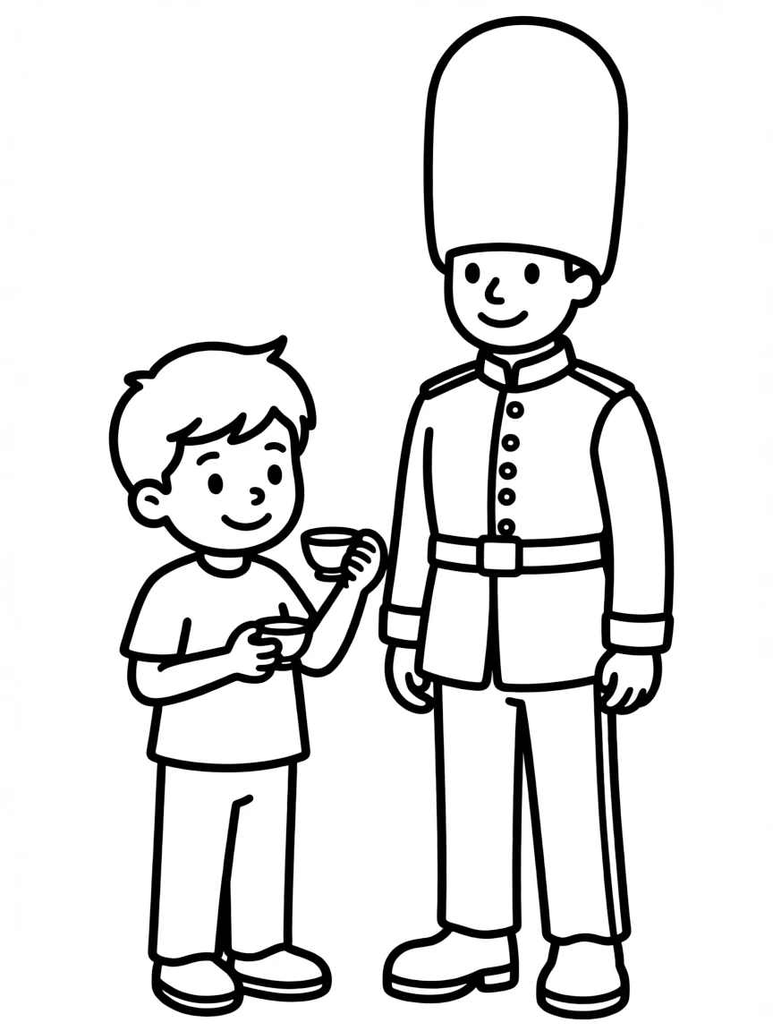 A smiling child with a teacup and a guard in a bearskin hat for United Kingdom.