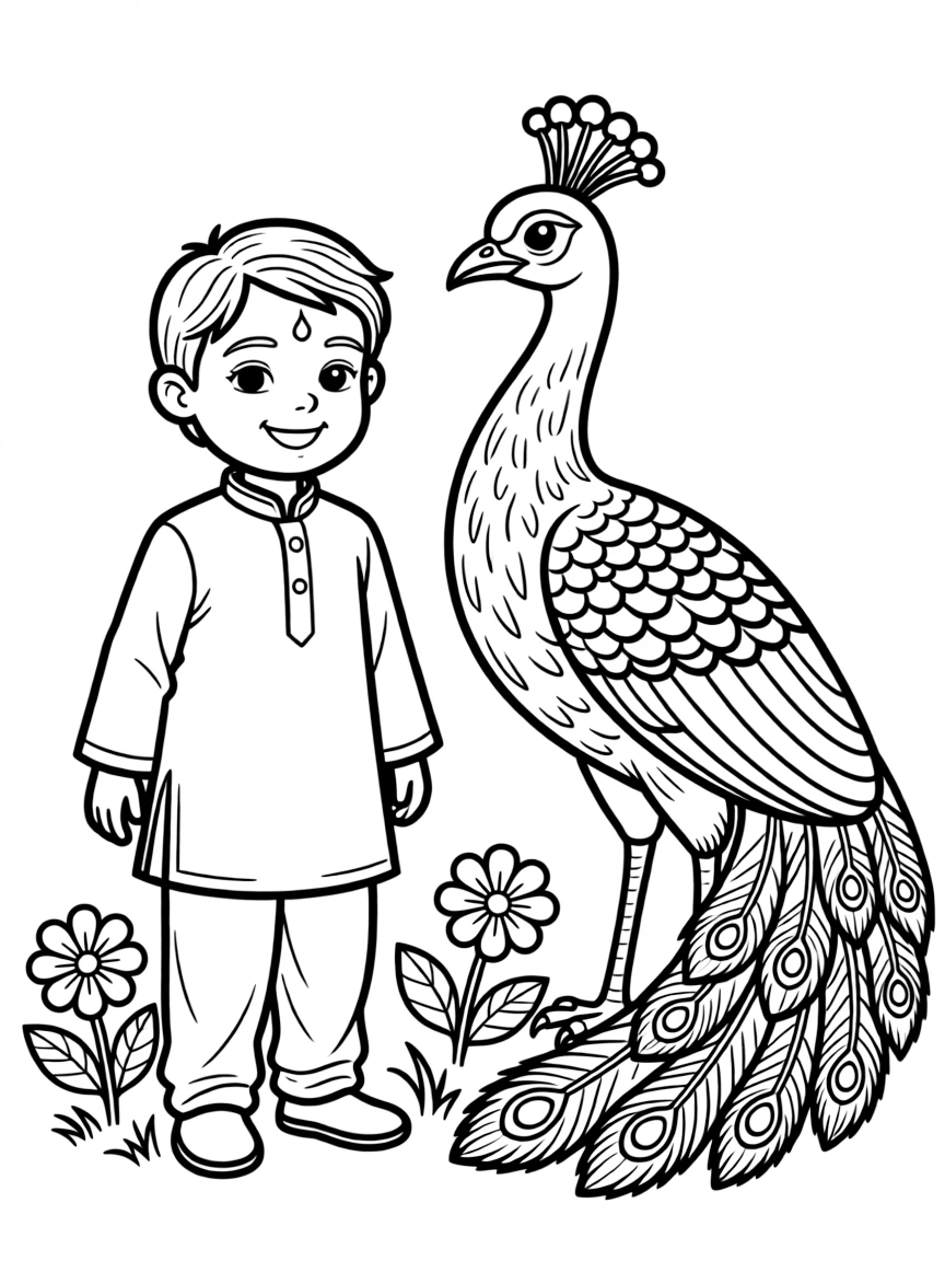 A happy child with a bindi and a peacock for India.