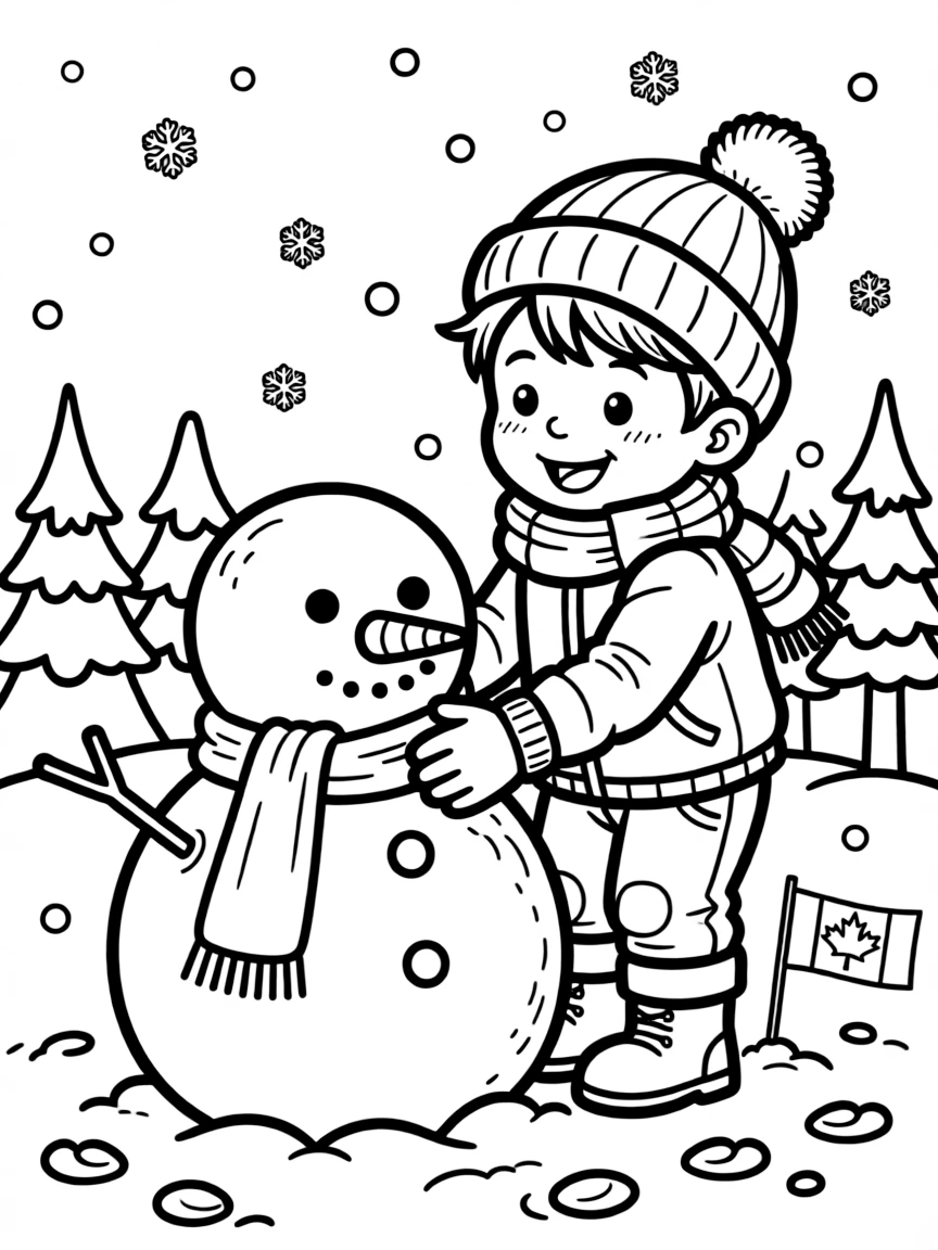 A cheerful child building a snowman for Canada.