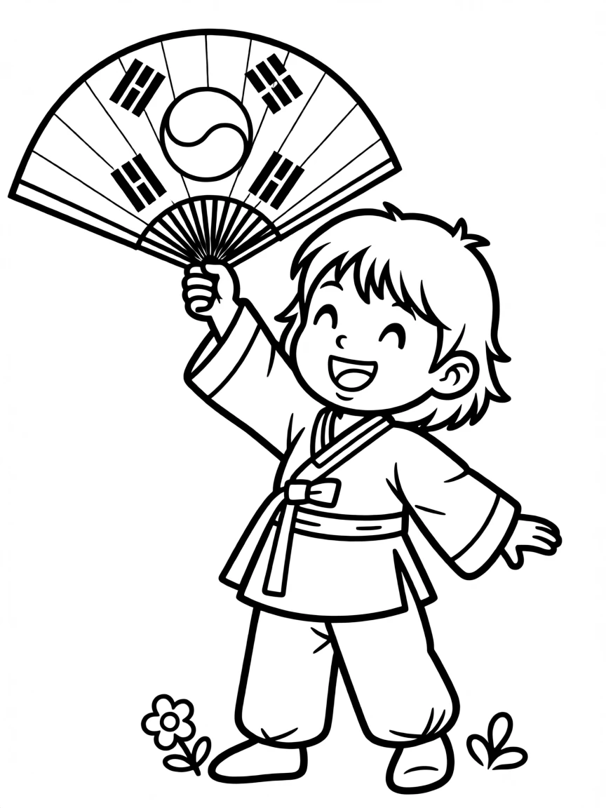 A happy child holding a fan for South Korea.