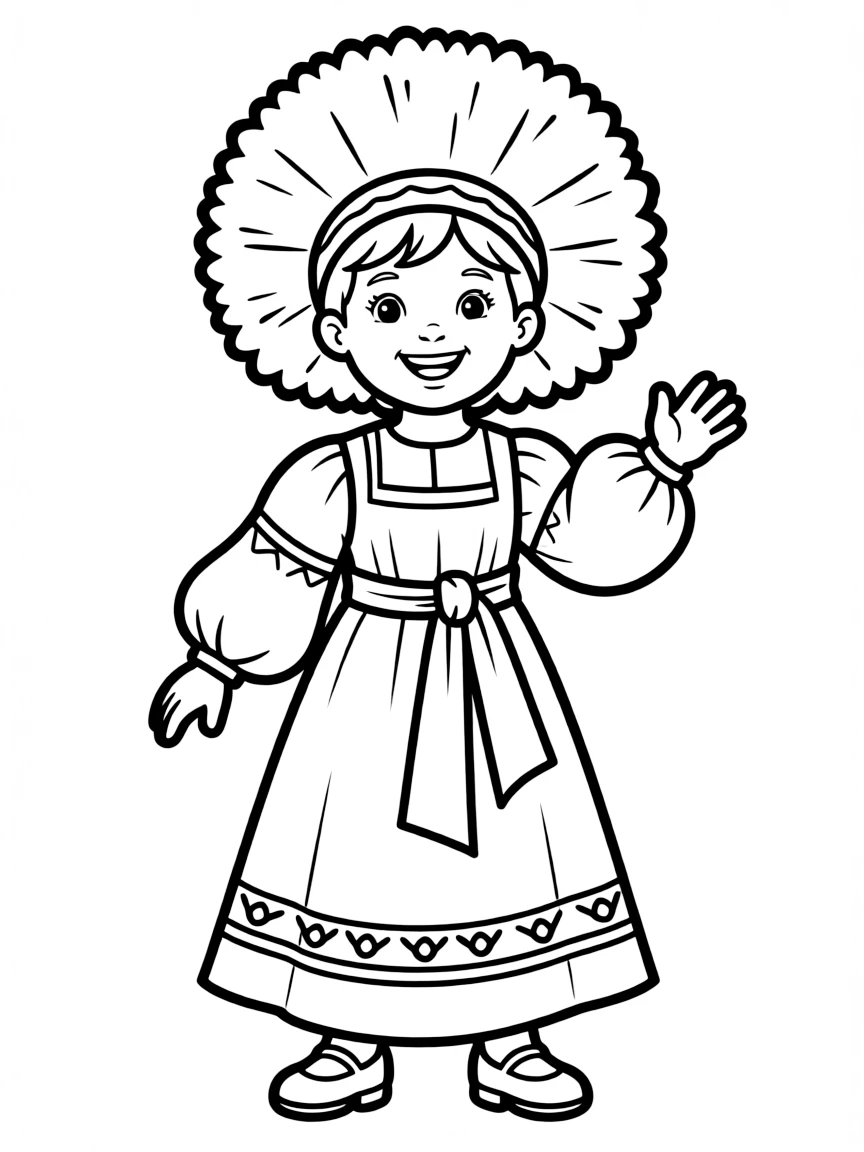 A cheerful child with a big hat and a traditional costume for Russia.