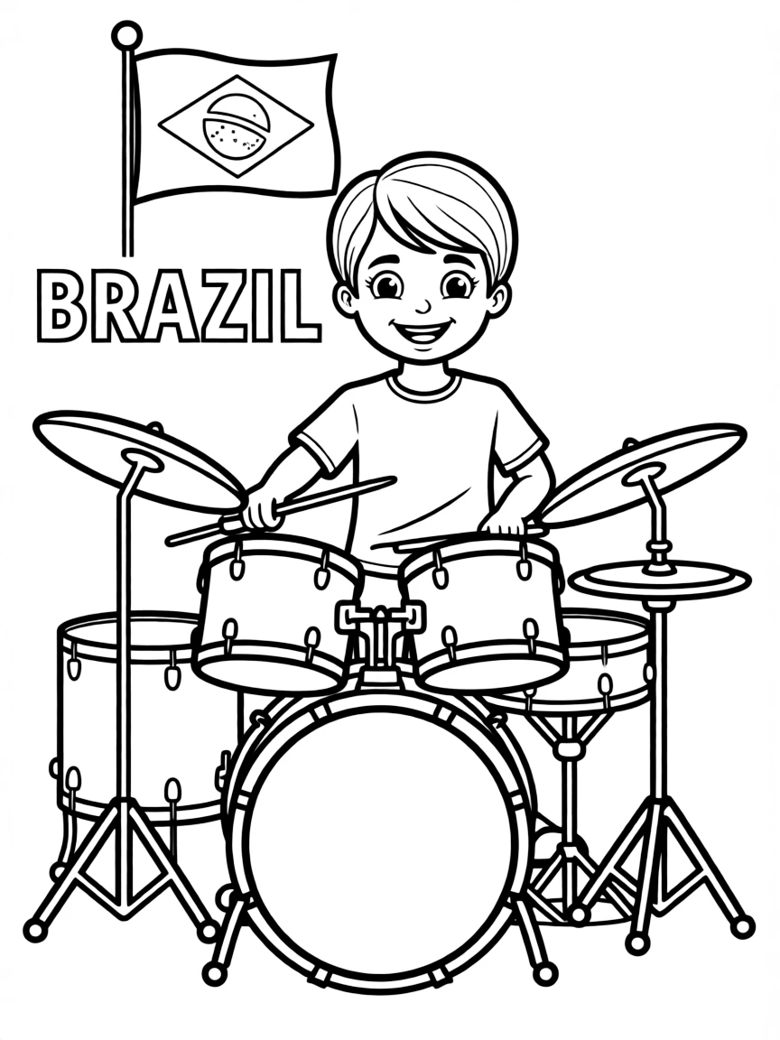 A smiling child playing the drums for Brazil.