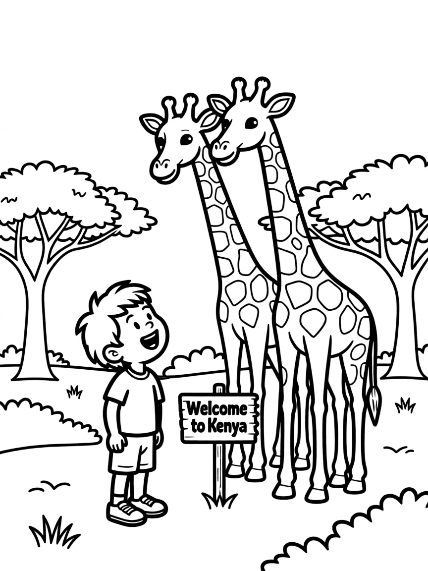 A cheerful child seeing giraffes for Kenya.