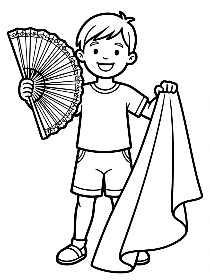 A happy child with a fan and a bullfighter cape for Spain.