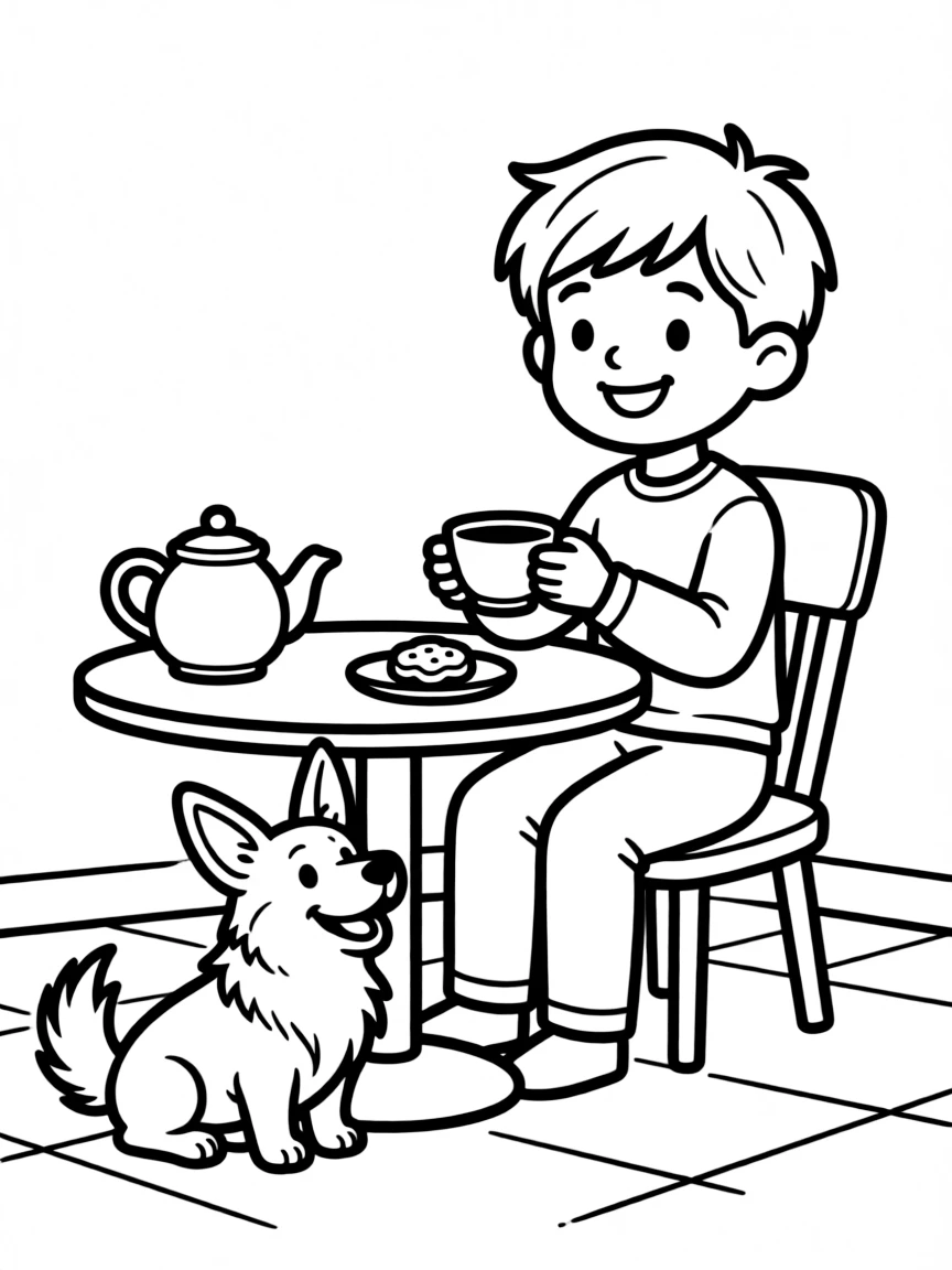 A smiling child with a cup of tea and a corgi dog for United Kingdom.