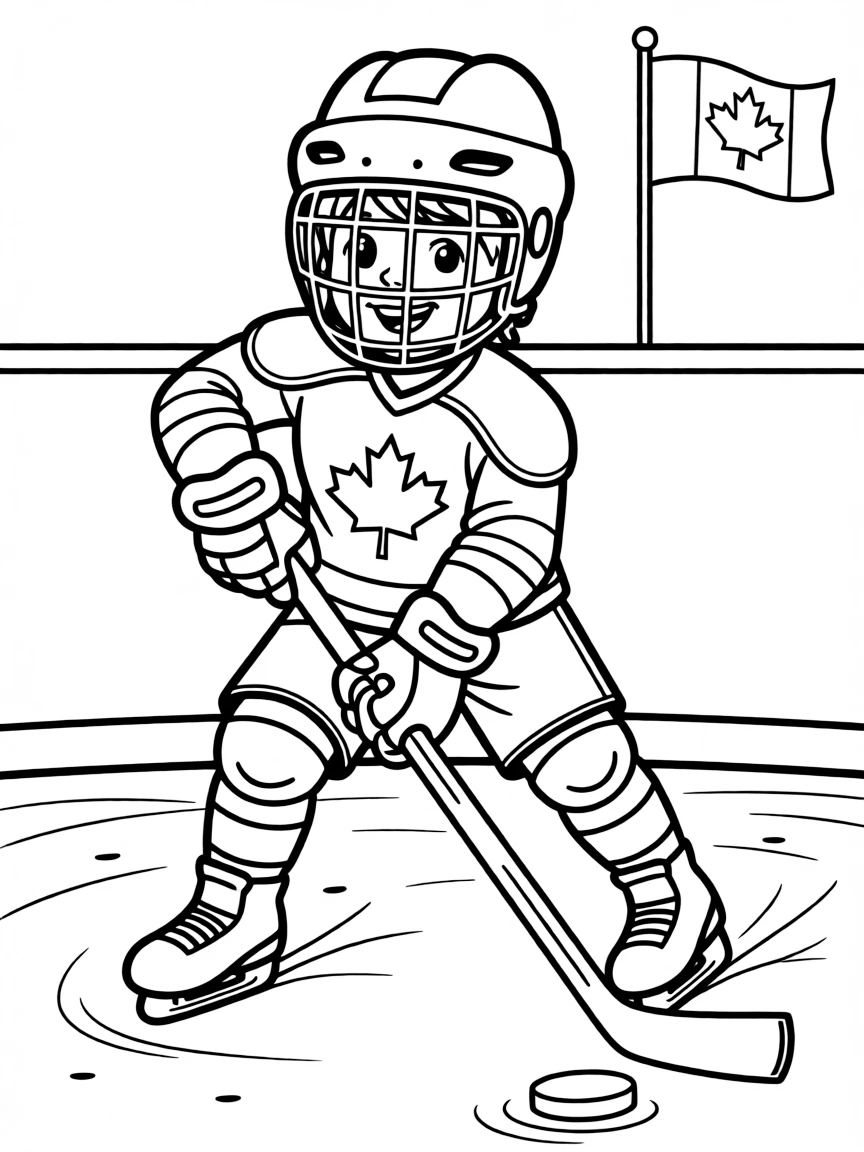 A cheerful child playing ice hockey for Canada.